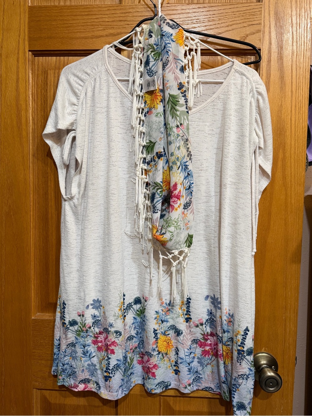 Women's Cream Floral Hem Tunic Top with Scarf